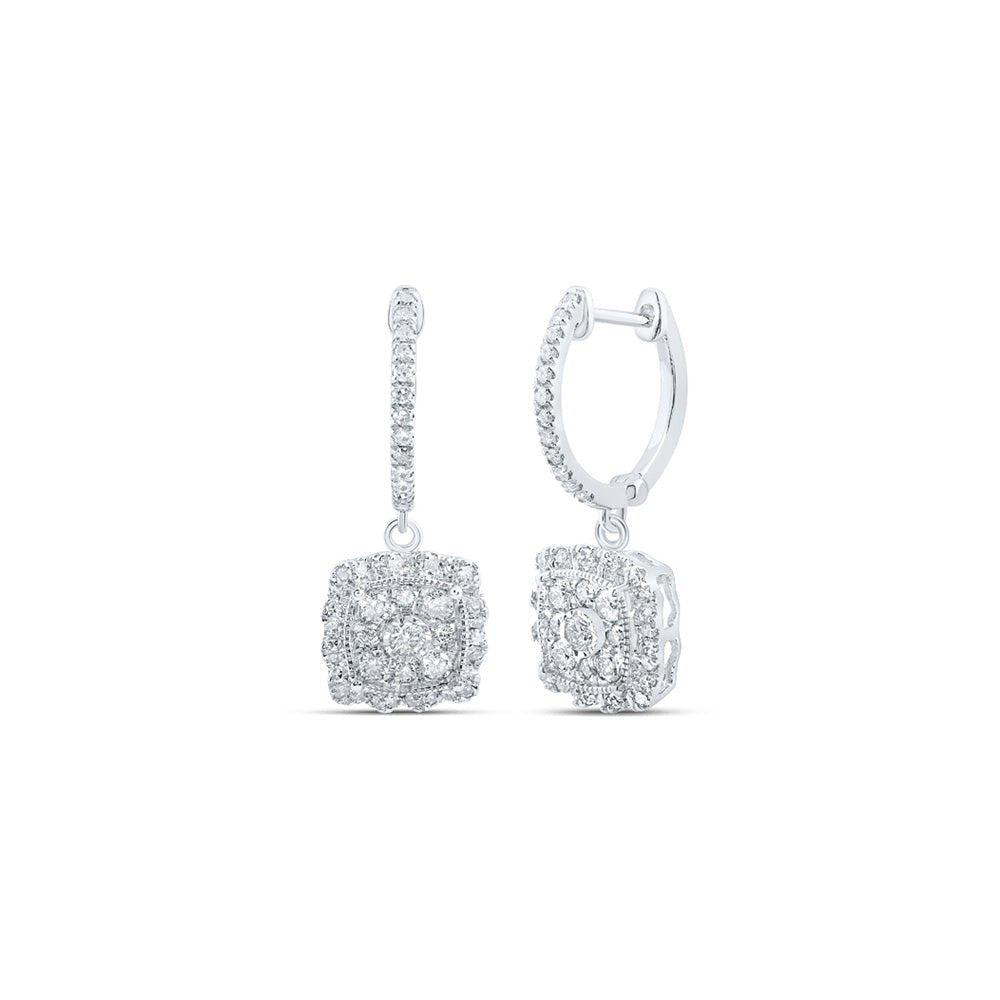 10kt White Gold Square Dangle Diamond Hoop Earrings - Captivating Brilliance - Splendid Jewellery