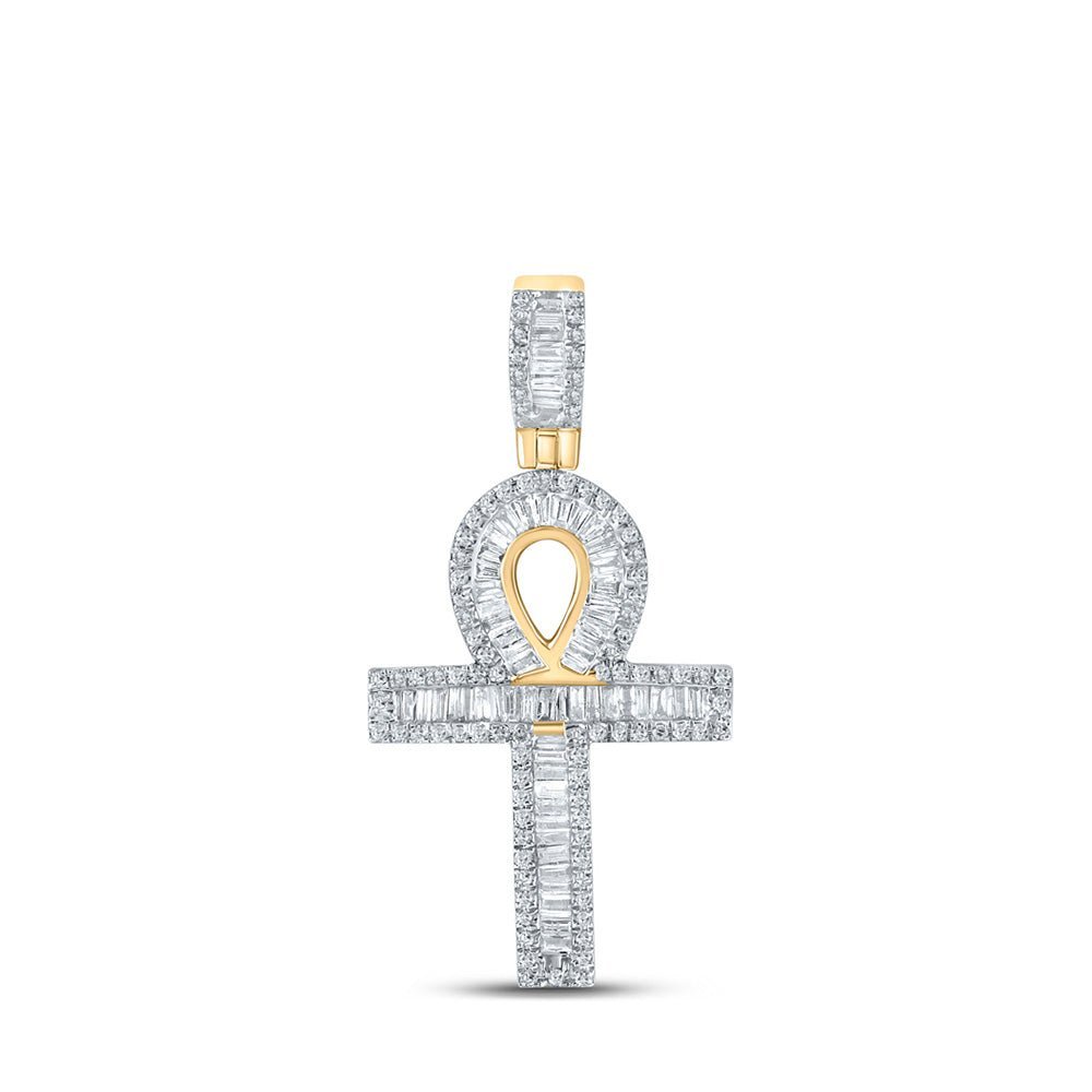 10kt Yellow Gold Baguette and Round Diamond Ankh Charm Pendant for Men - 3/4 Cttw - Splendid Jewellery