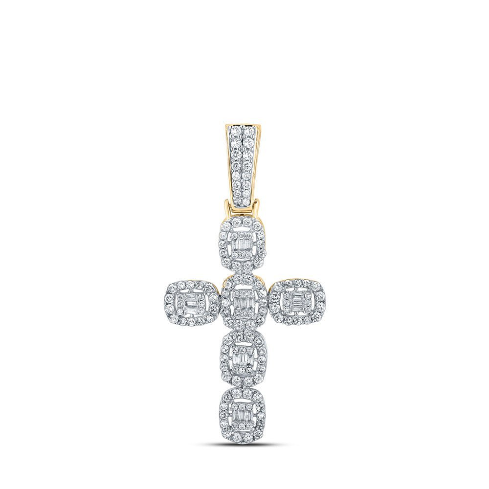 10kt Yellow Gold Baguette and Round Diamond Cross Pendant - 1 - 1/3 Cttw - Splendid Jewellery