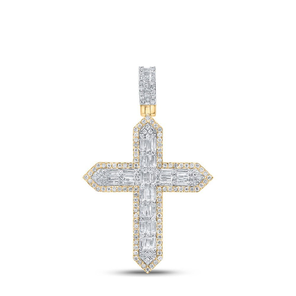 10kt Yellow Gold Baguette and Round Diamond Cross Pendant - 1 - 3/4 Ct.t.w. - Splendid Jewellery