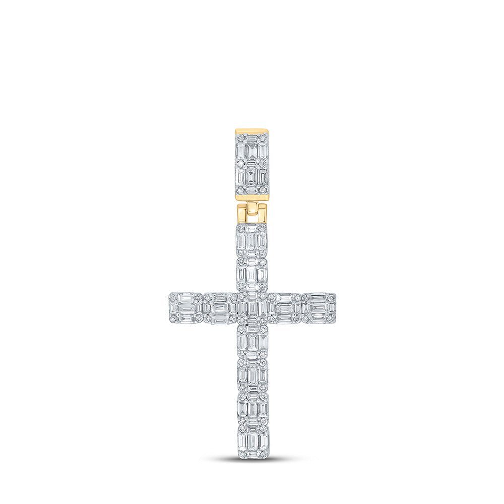 10kt Yellow Gold Baguette and Round Diamond Cross Pendant - 1 - 3/4 Cttw - Splendid Jewellery
