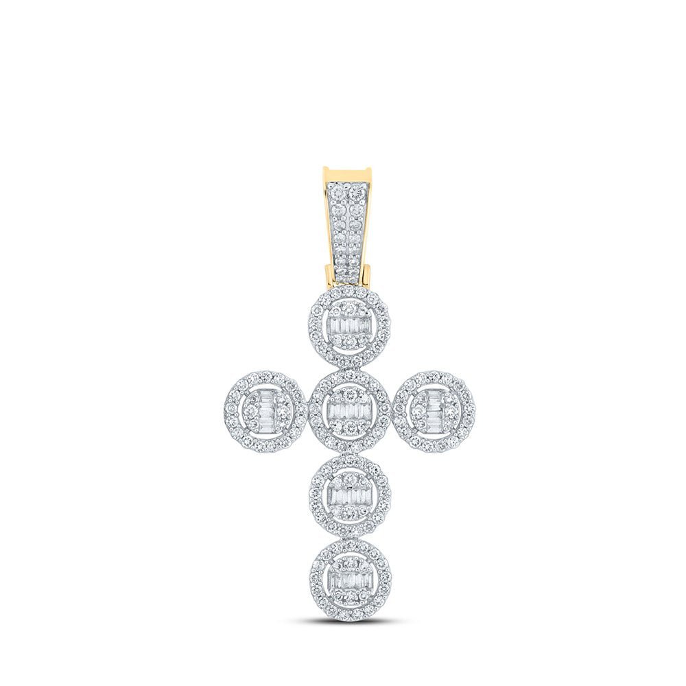 10kt Yellow Gold Baguette and Round Diamond Cross Pendant - 1 - 5/8 Cttw - Splendid Jewellery