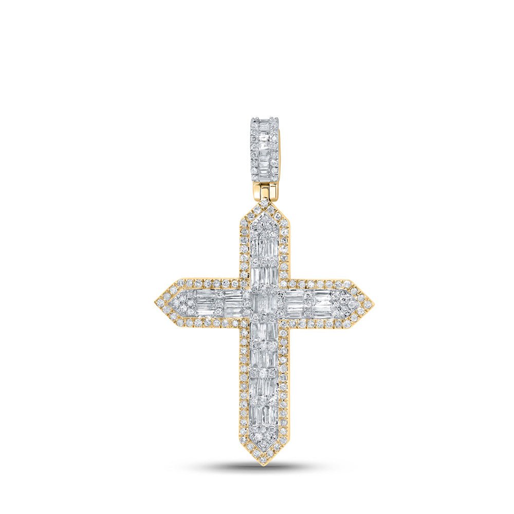 10kt Yellow Gold Baguette and Round Diamond Cross Pendant - 1 Cttw - Splendid Jewellery