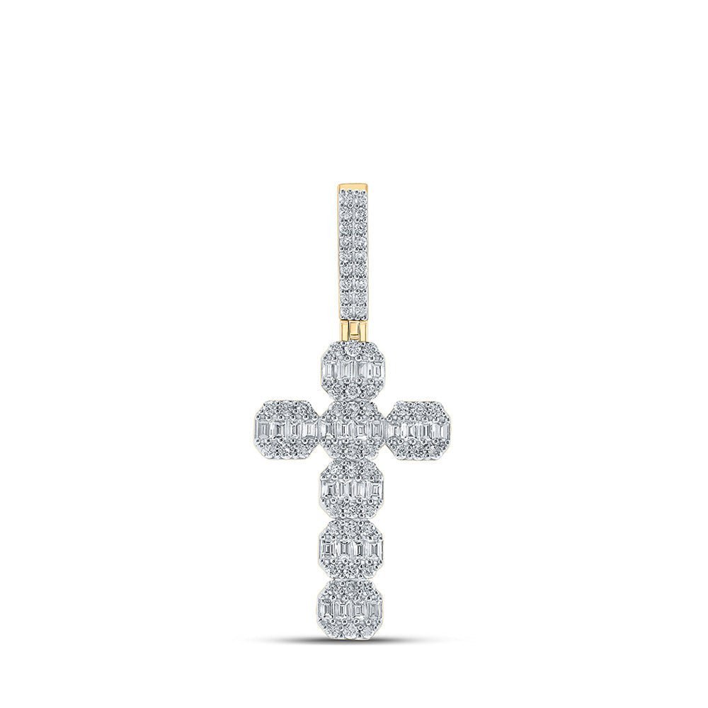 10kt Yellow Gold Baguette and Round Diamond Cross Pendant - 2 Cttw - Splendid Jewellery