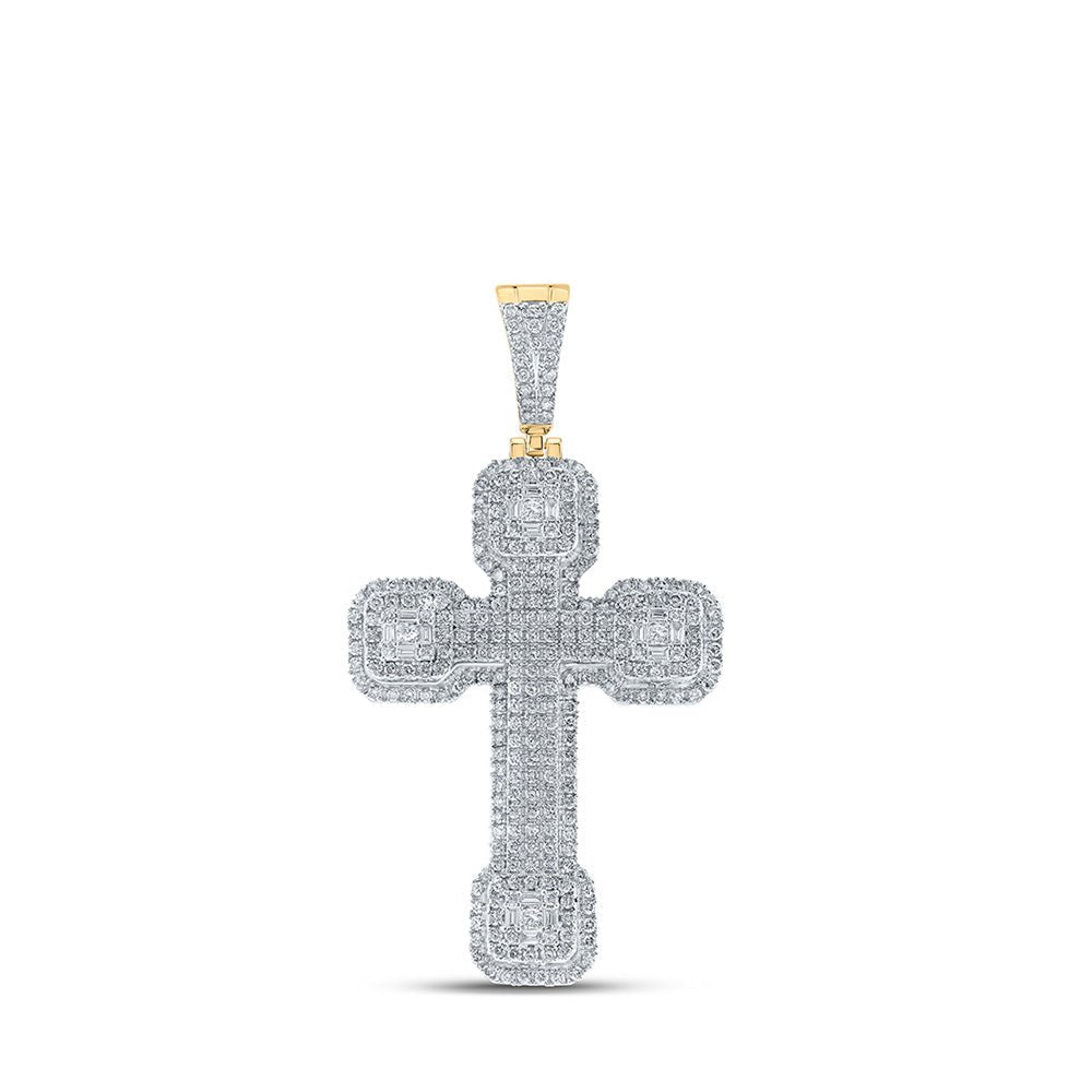 10kt Yellow Gold Baguette and Round Diamond Cross Pendant - 3 Cttw - Splendid Jewellery
