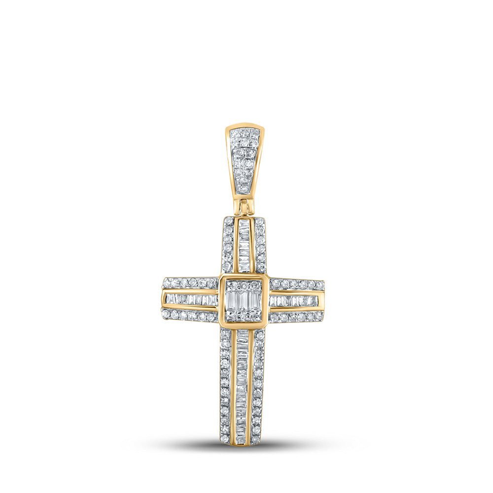 10kt Yellow Gold Baguette and Round Diamond Cross Pendant for Men - 1/2 Ct.t.w. - Splendid Jewellery