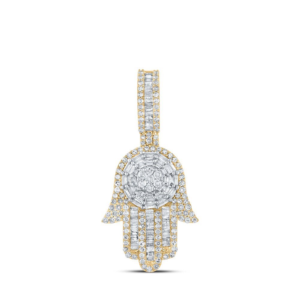 10kt Yellow Gold Baguette and Round Diamond Hamsa Charm Pendant - 1 - 5/8 Cttw - Splendid Jewellery