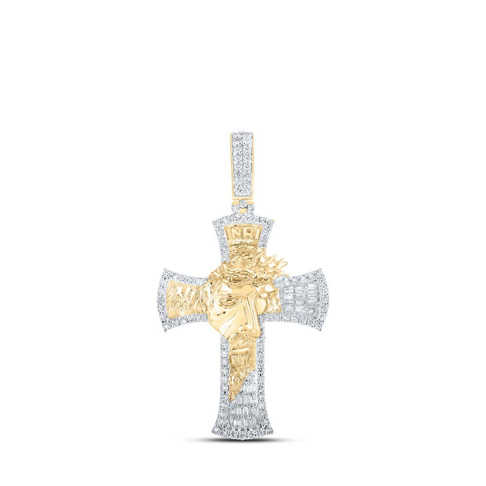 10kt Yellow Gold Baguette and Round Diamond Jesus Face Cross Pendant - 1 Cttw - Splendid Jewellery