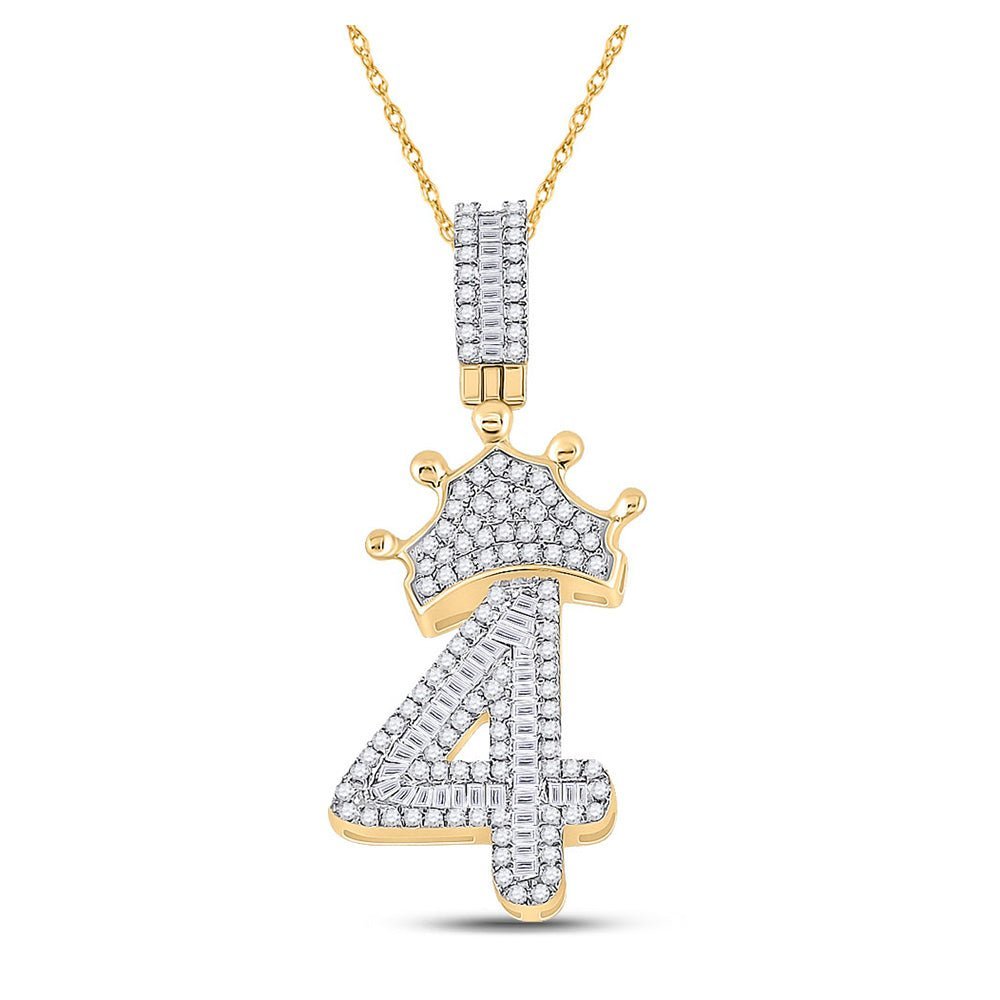 10kt Yellow Gold Baguette and Round Diamond Number 4 Crown Charm Pendant for Men - 3/4 Cttw - Splendid Jewellery