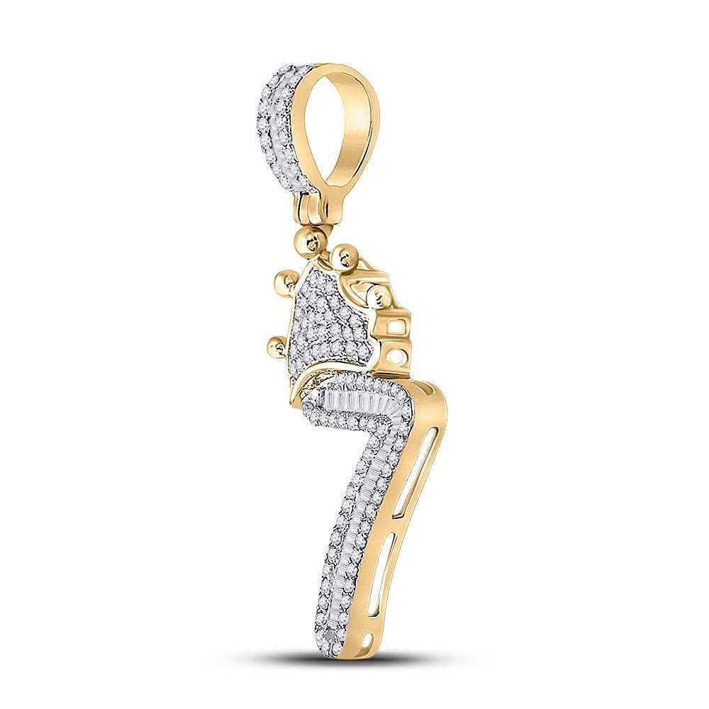 10kt Yellow Gold Baguette and Round Diamond Number 7 Crown Charm Pendant for Men - Splendid Jewellery
