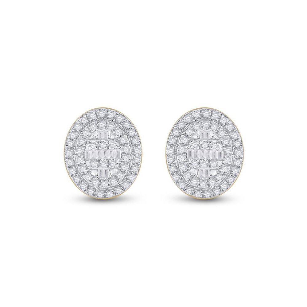 10kt Yellow Gold Baguette and Round Diamond Oval Cluster Earrings 3/8 Cttw - Splendid Jewellery