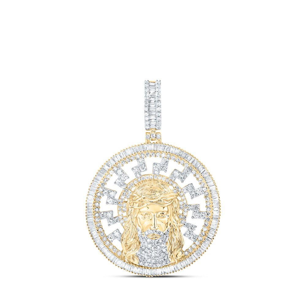 10kt Yellow Gold Baguette Diamond Jesus Medallion Circle Charm Pendant - 2 - 3/4 Cttw - Splendid Jewellery