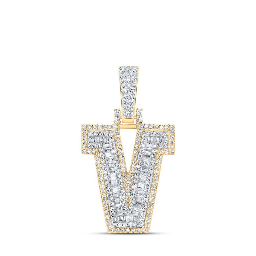 10kt Yellow Gold Baguette Diamond V Initial Charm Pendant for Men - 5/8 Cttw - Splendid Jewellery