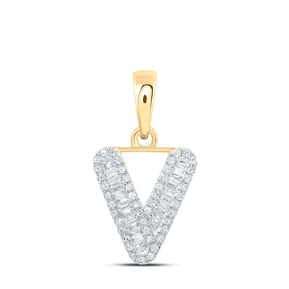 10kt Yellow Gold Baguette Diamond V Initial Pendant - A Sparkling Symbol of Elegance and Personal Style - Splendid Jewellery