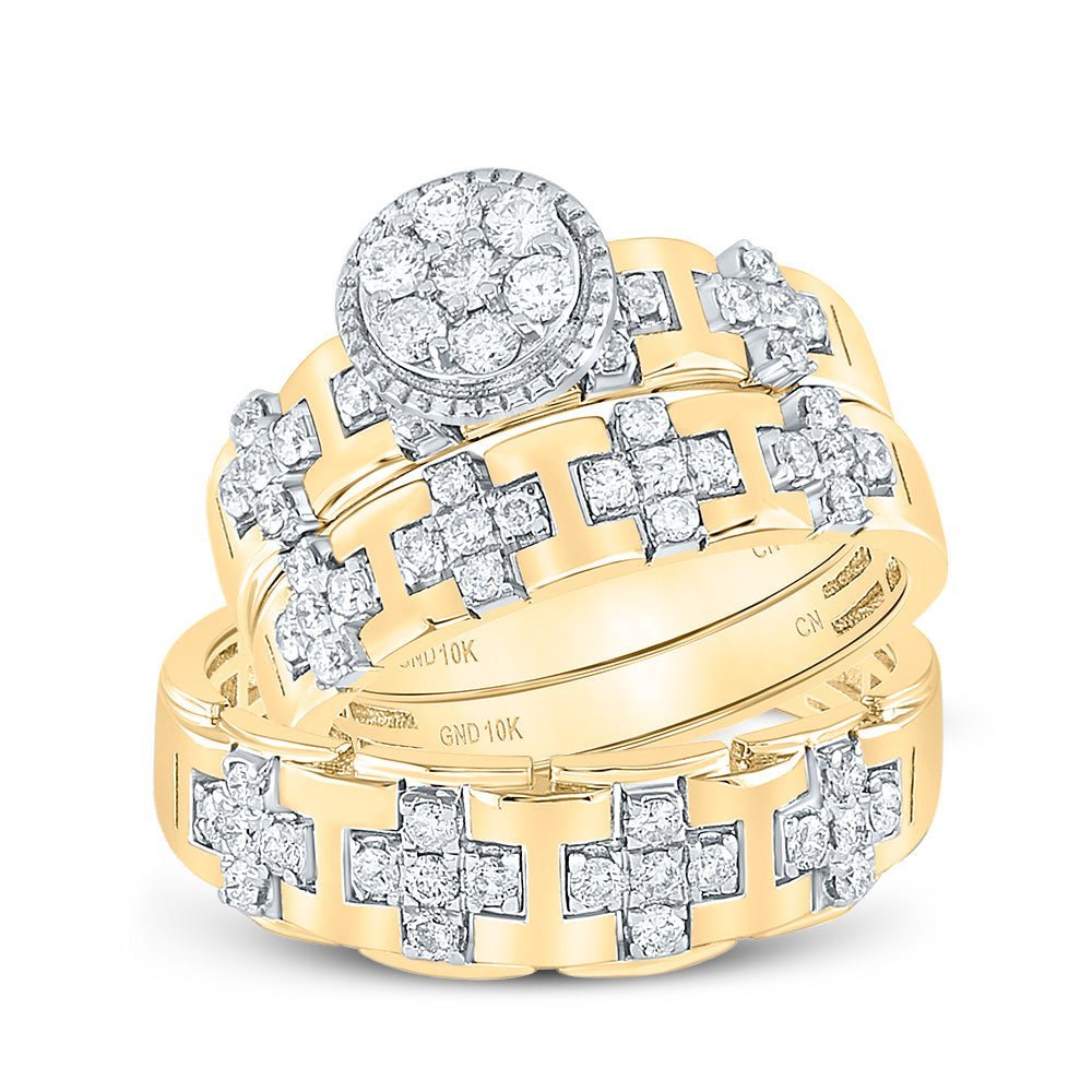 10kt Yellow Gold His Hers Round Diamond Cluster Matching Wedding Set 1 Cttw | Eternal Love Collection - Splendid Jewellery