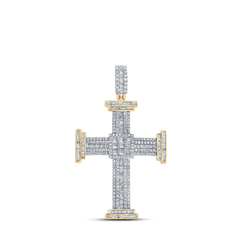 10kt Yellow Gold Men's Baguette and Round Diamond Cross Pendant - 1 - 7/8 Cttw - Splendid Jewellery