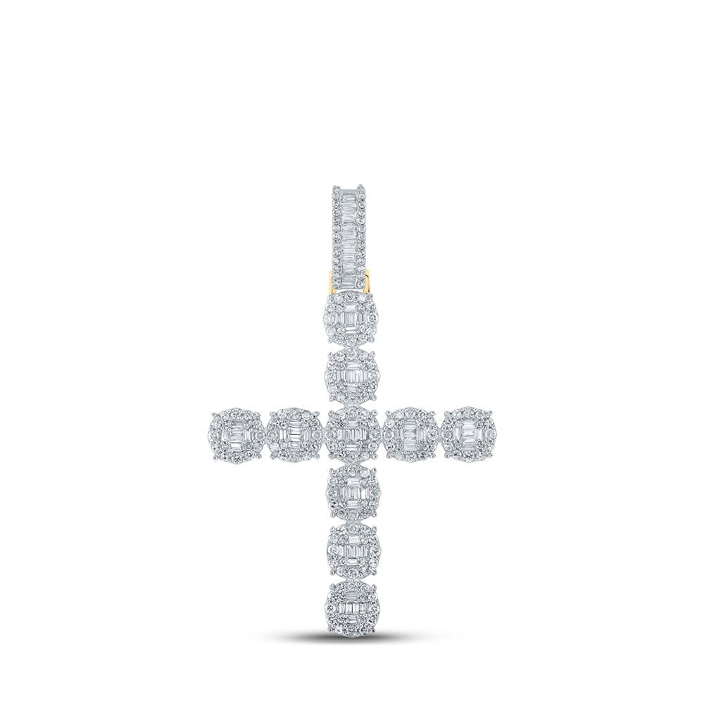 10kt Yellow Gold Mens Baguette and Round Diamond Cross Pendant - 1 - 7/8 Cttw - Splendid Jewellery
