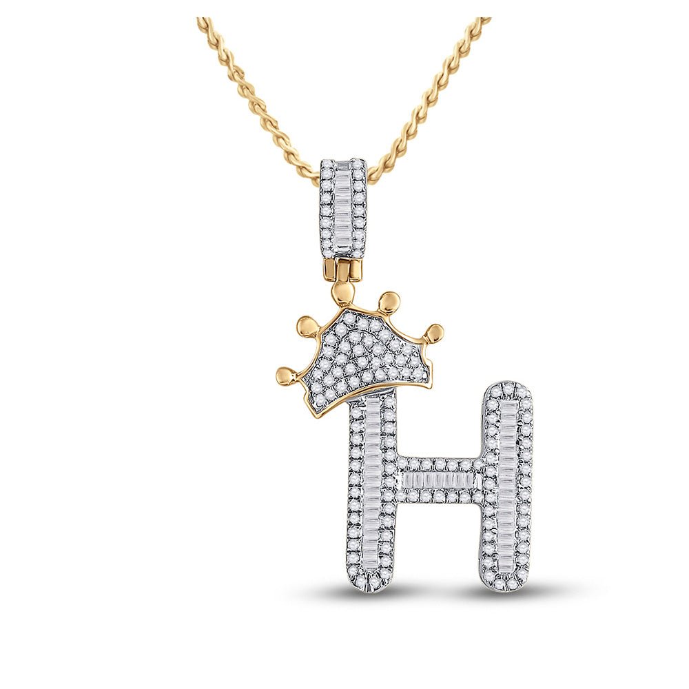 10kt Yellow Gold Men's Baguette Diamond Crown H Letter Charm Pendant - 5/8 Cttw | Splendid Jewellery - Splendid Jewellery