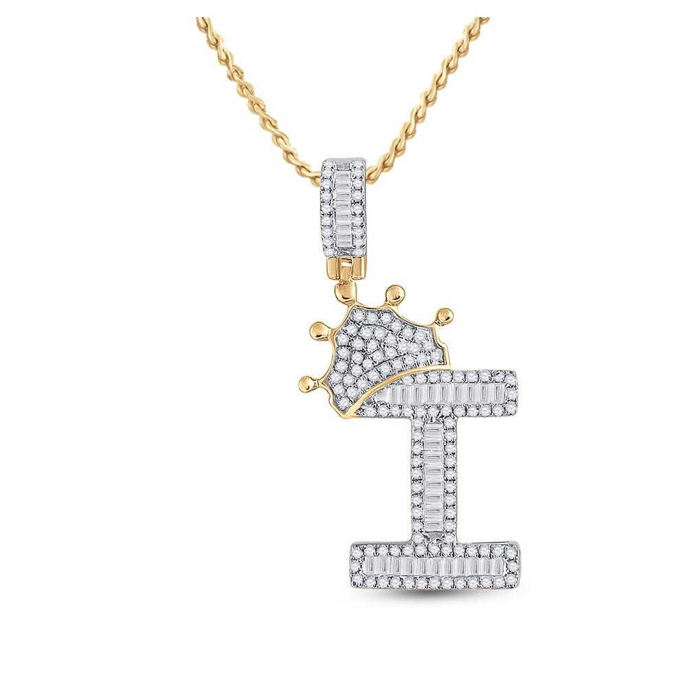 10kt Yellow Gold Mens Baguette Diamond Crown I Letter Charm Pendant - Splendid Jewellery