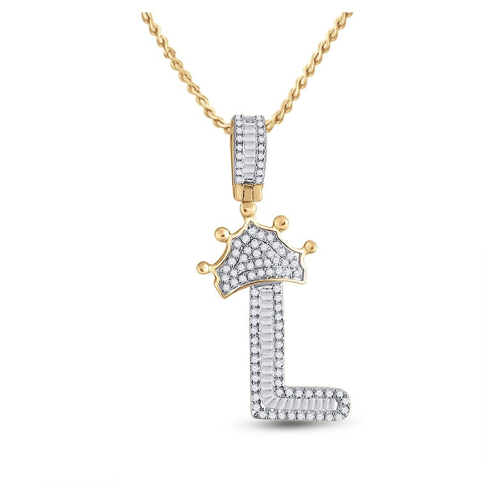 10kt Yellow Gold Men's Baguette Diamond Crown L Letter Charm Pendant 1/2 Cttw - Splendid Jewellery