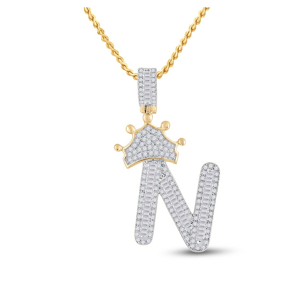10kt Yellow Gold Men's Baguette Diamond Crown N Letter Charm Pendant - 3/4 Cttw - Splendid Jewellery - Splendid Jewellery