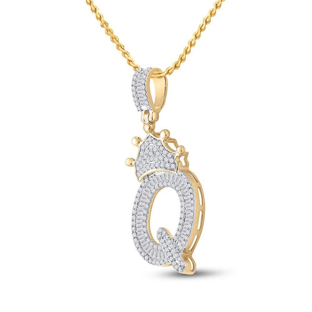 10kt Yellow Gold Men's Baguette Diamond Crown Q Letter Charm Pendant - 3/4 Cttw - Splendid Jewellery