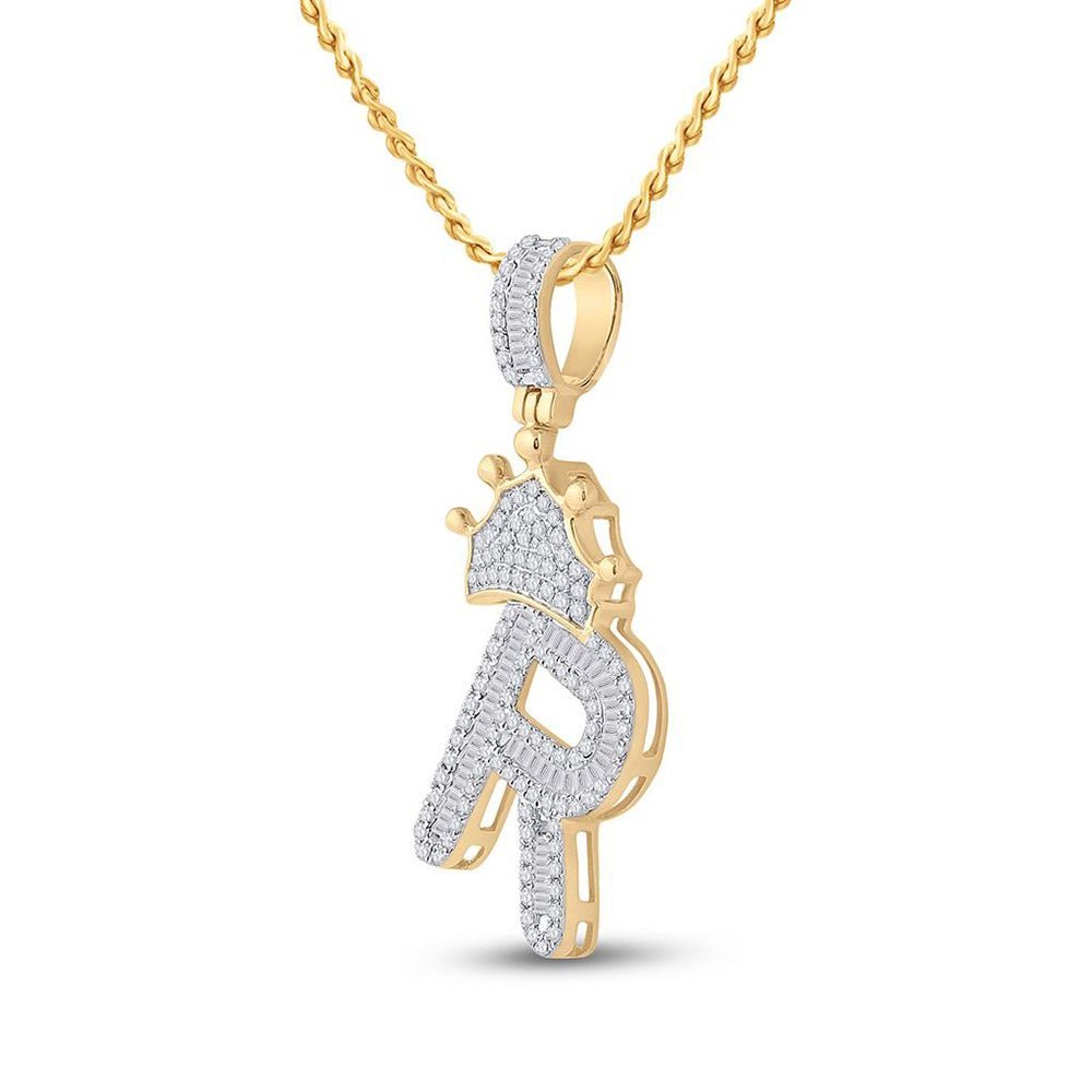 10kt Yellow Gold Men's Baguette Diamond Crown R Letter Charm Pendant 3/4 Cttw - A Majestic Statement Piece - Splendid Jewellery