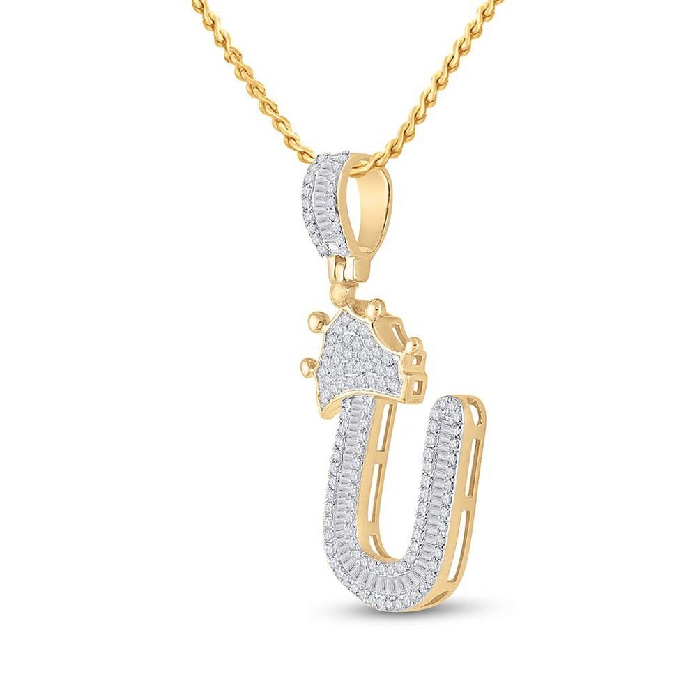 10kt Yellow Gold Men's Baguette Diamond Crown U Letter Charm Pendant 5/8 Cttw - Splendid Jewellery