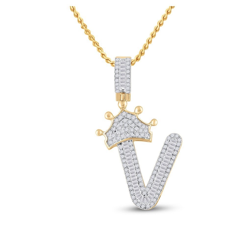 10kt Yellow Gold Men's Baguette Diamond Crown V Letter Charm Pendant - 5/8 Cttw | Splendid Jewellery - Splendid Jewellery