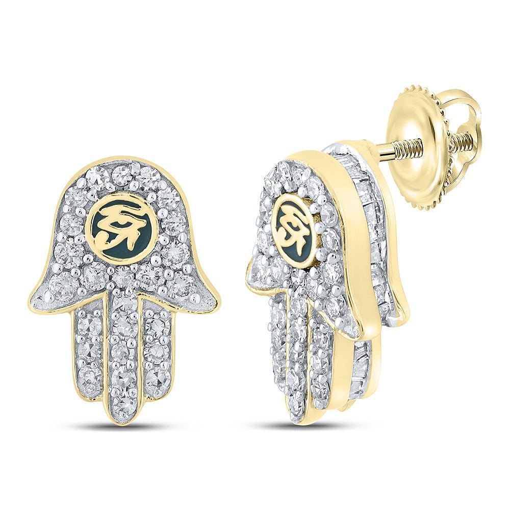 10kt Yellow Gold Men's Baguette Diamond Hamsa Eye of Ra Earrings - Exquisite Brilliance - Splendid Jewellery