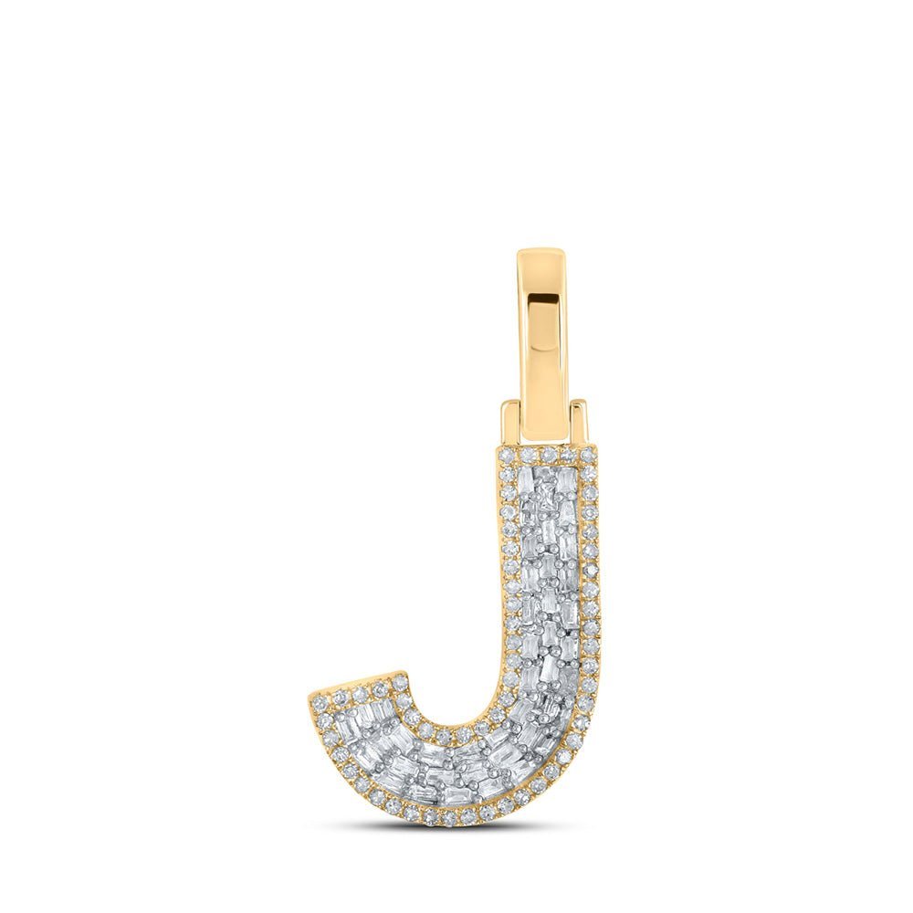 10kt Yellow Gold Mens Baguette Diamond J Initial Letter Charm Pendant 1/3 Cttw - Splendid Jewellery