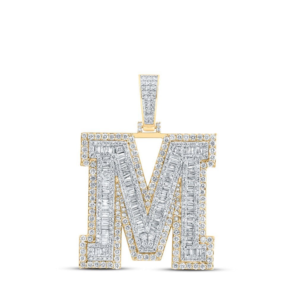 10kt Yellow Gold Mens Baguette Diamond M Initial Letter Charm Pendant 4 - 3/8 Cttw - Splendid Jewellery