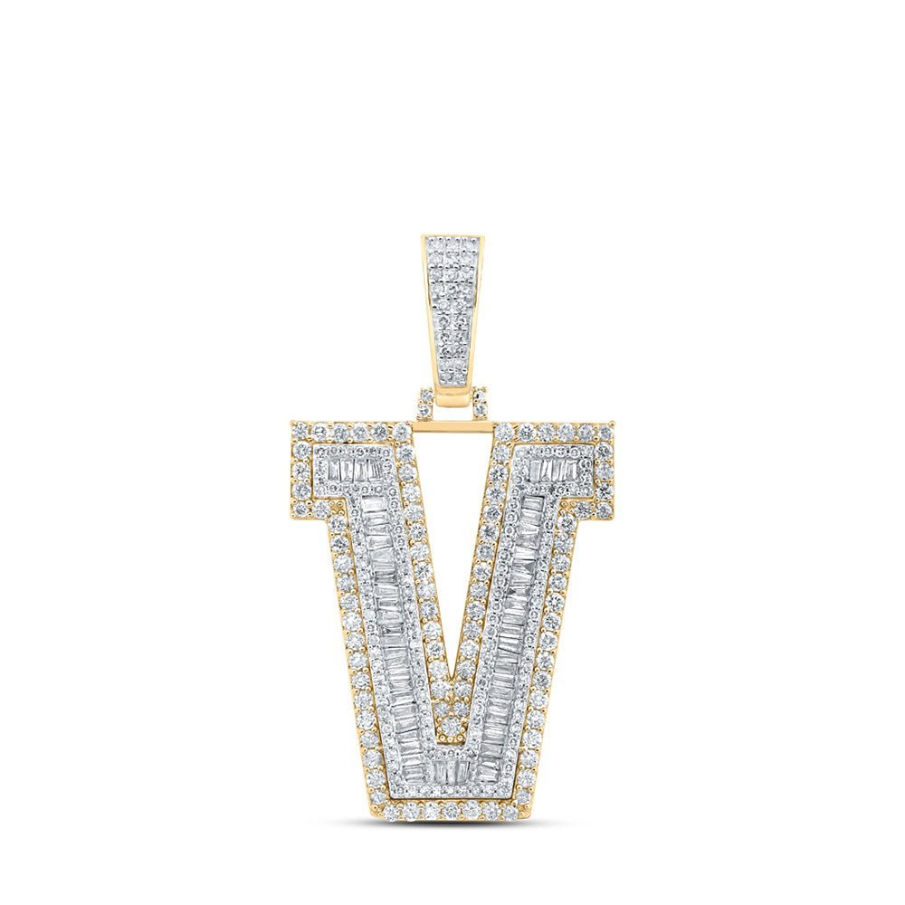 10kt Yellow Gold Mens Baguette Diamond V Initial Letter Charm Pendant - 2 - 3/4 Cttw - Splendid Jewellery