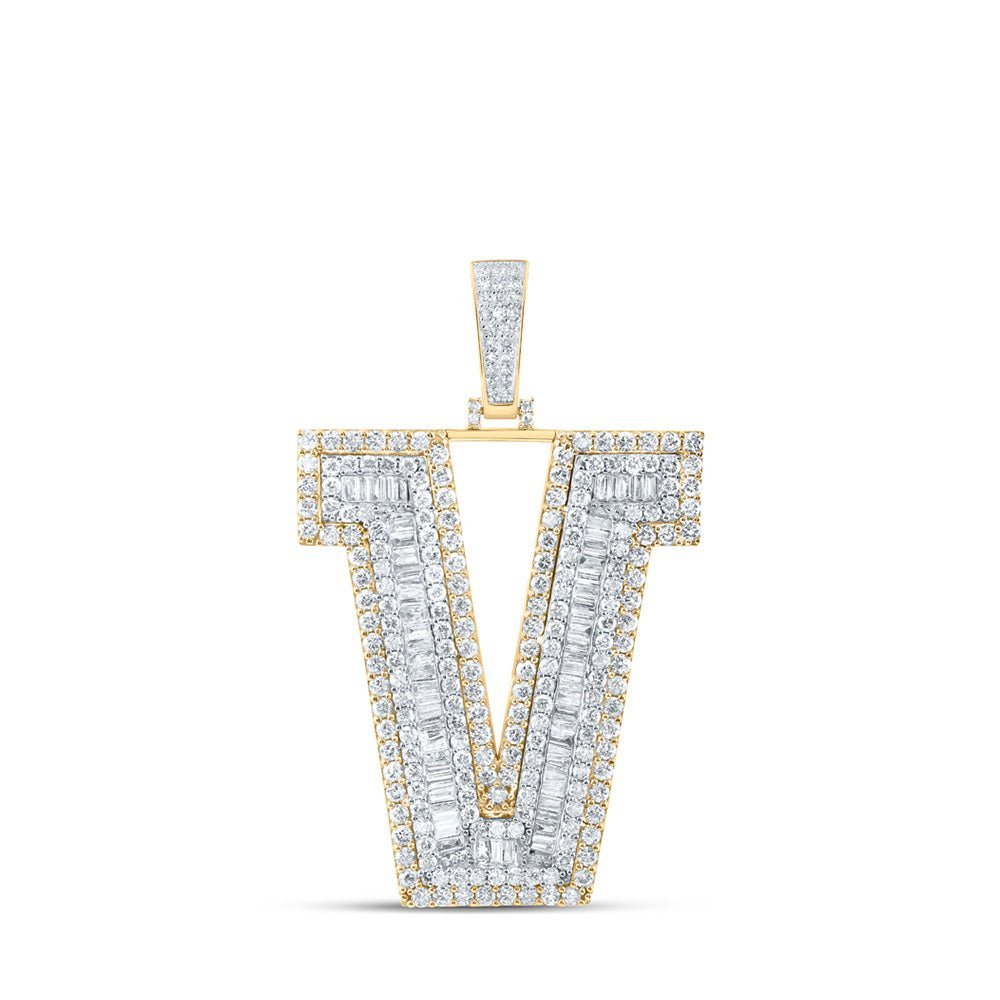 10kt Yellow Gold Mens Baguette Diamond V Initial Letter Charm Pendant - 5 - 5/8 Cttw - Splendid Jewellery