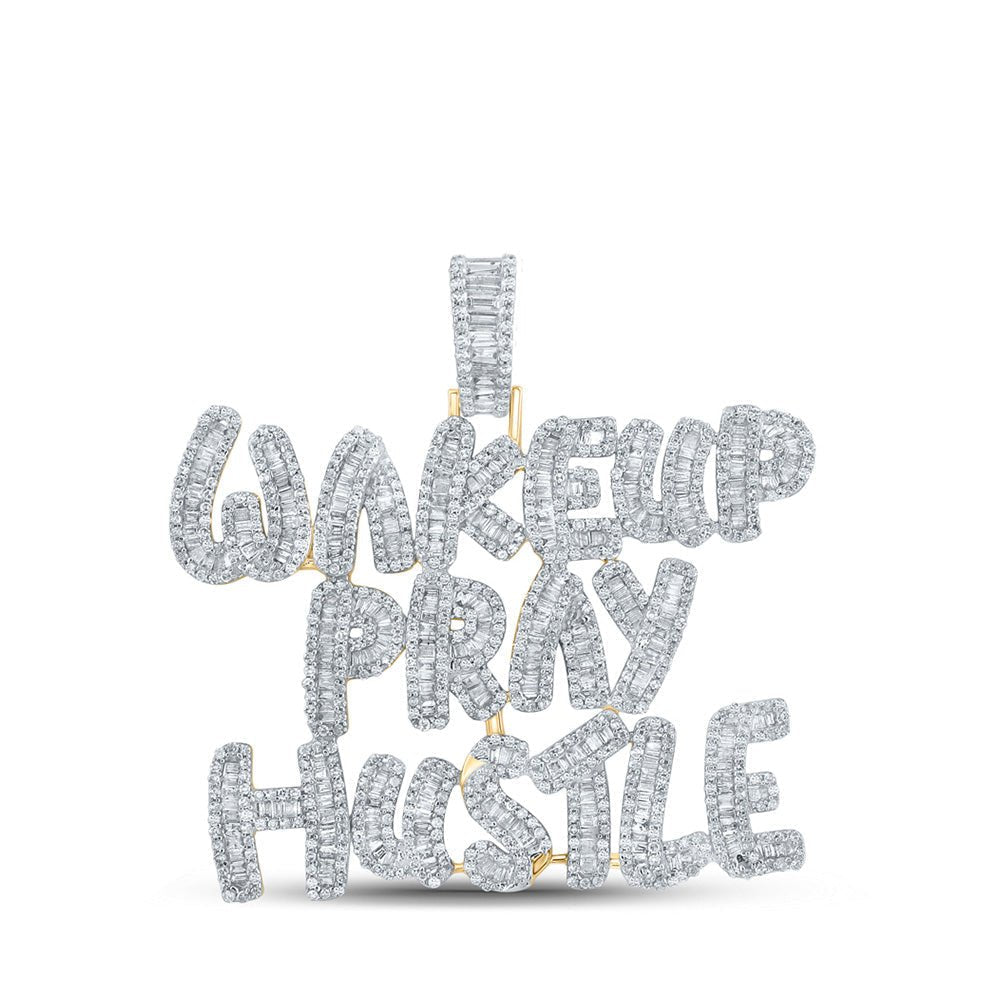 10kt Yellow Gold Men's Baguette Diamond Wake Up Pray Hustle Charm Pendant - 3 - 3/4 Cttw - Splendid Jewellery
