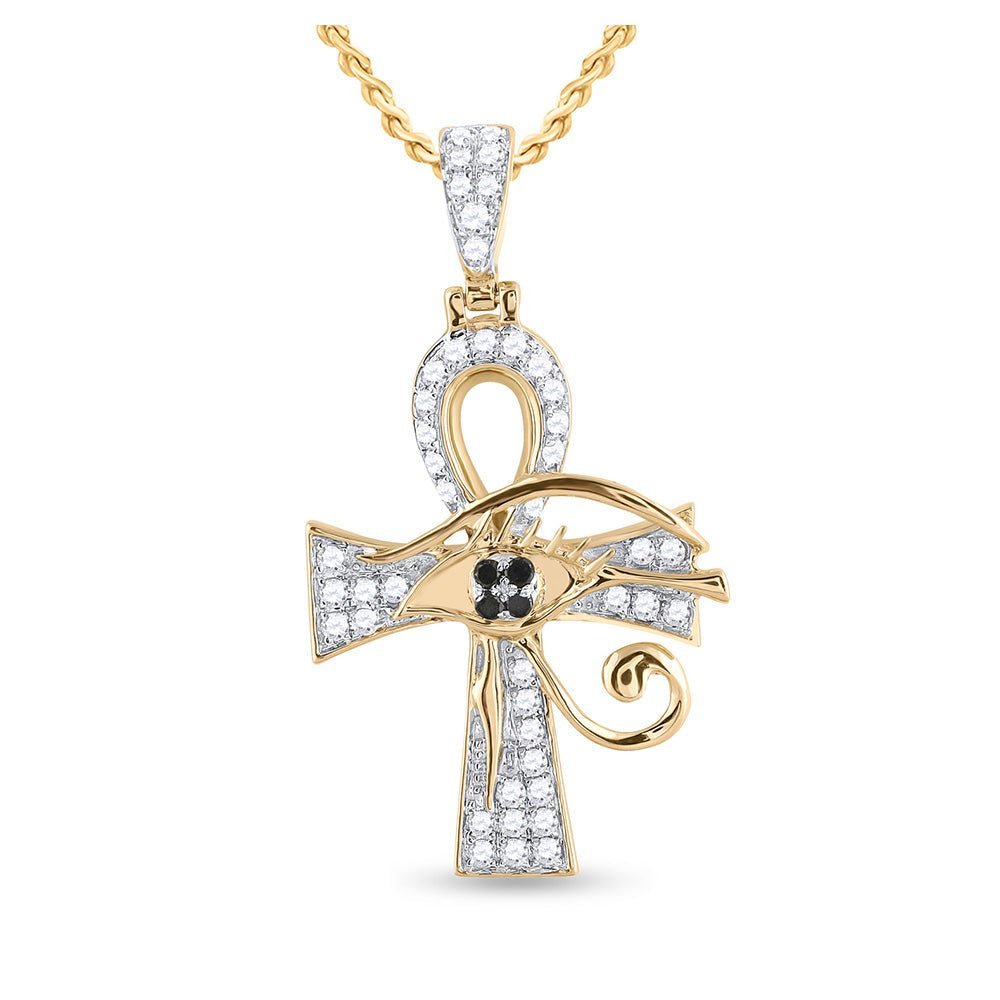 10kt Yellow Gold Men's Black Diamond Ankh Cross Charm Pendant - 1/2 Cttw - Splendid Jewellery
