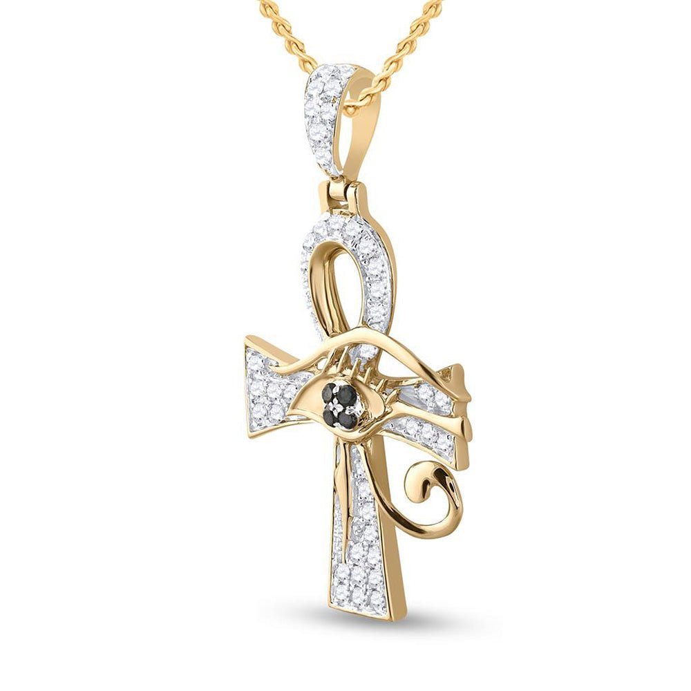 10kt Yellow Gold Men's Black Diamond Ankh Cross Charm Pendant - 1/2 Cttw - Splendid Jewellery