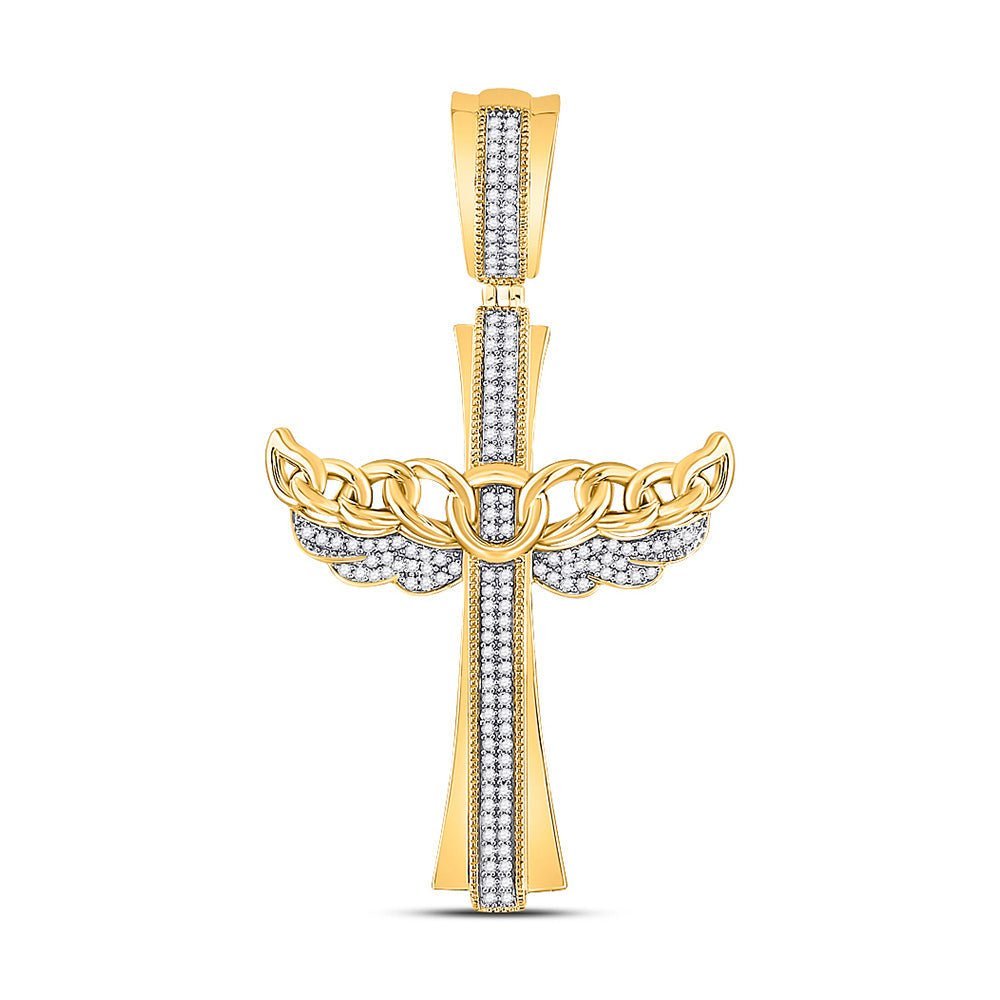 10kt Yellow Gold Mens Diamond Angel Wing Cross Pendant - 3/8 Cttw - Splendid Jewellery