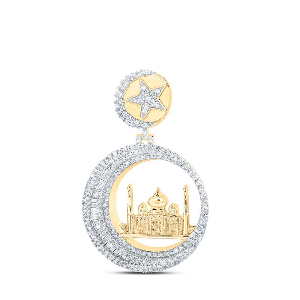 10kt Yellow Gold Men's Diamond Crescent Star Mosque Masjid Charm Pendant - 2 Cttw - Splendid Jewellery