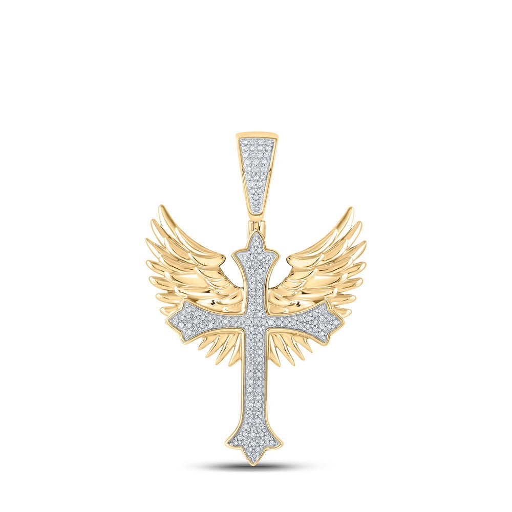 10kt Yellow Gold Men's Diamond Wing Cross Charm Pendant 3/8 Cttw - A Dazzling Symbol of Faith and Style - Splendid Jewellery