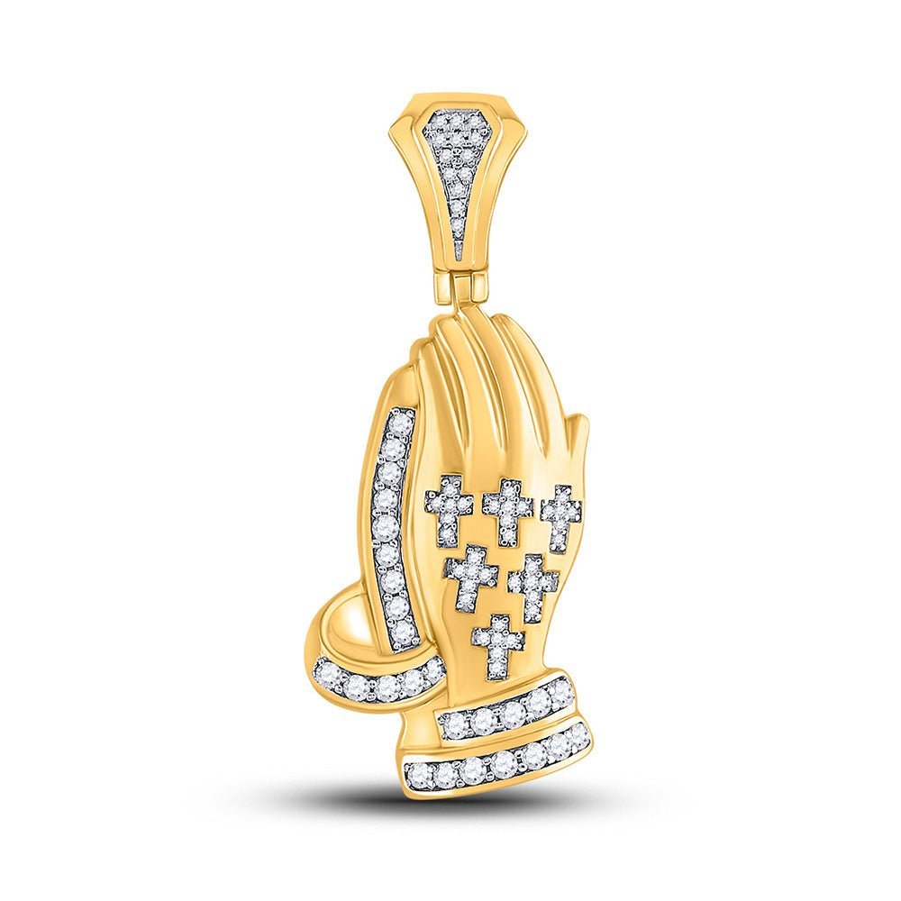 10kt Yellow Gold Men's Praying Hands Cross Diamond Charm Pendant - 5/8 Cttw - Splendid Jewellery