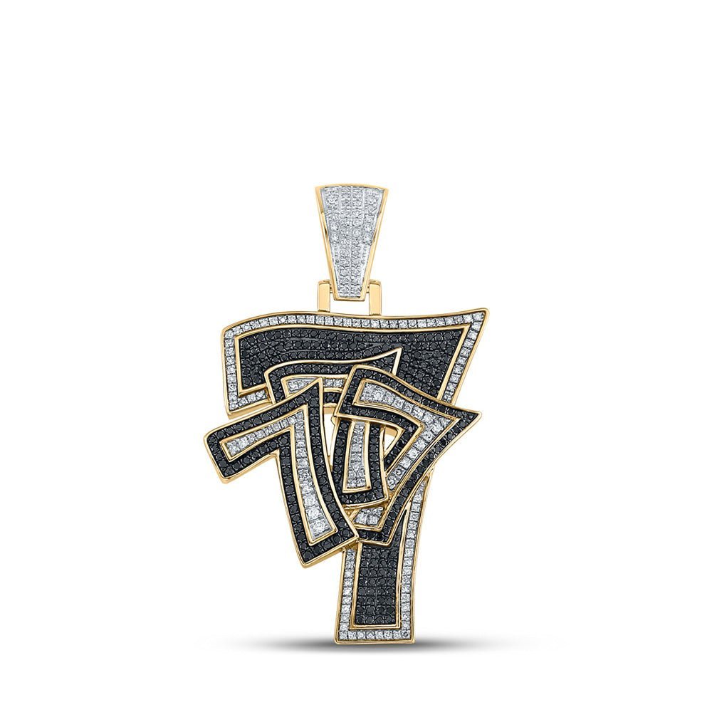 10kt Yellow Gold Men's Round Black Diamond Lucky 777 Charm Pendant 1 - 5/8 Ctw - Splendid Jewellery
