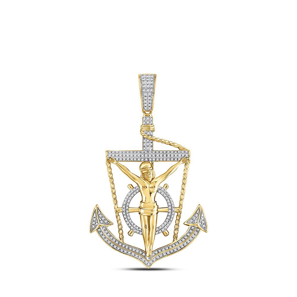 10kt Yellow Gold Men's Round Diamond Anchor Jesus Cross Pendant - 1/2 Cttw | Splendid Jewellery - Splendid Jewellery