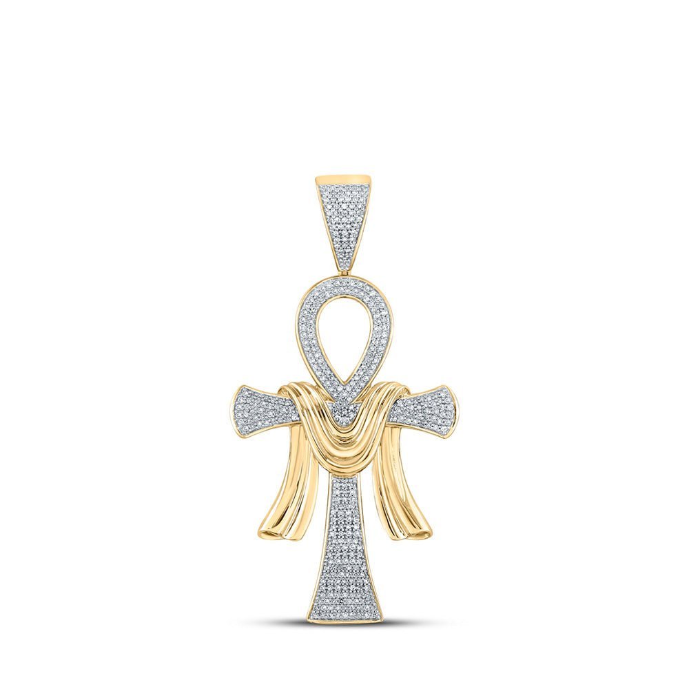10kt Yellow Gold Men's Round Diamond Ankh Cross Charm Pendant - 3/4 Cttw | Dazzling Diamond Delight - Splendid Jewellery