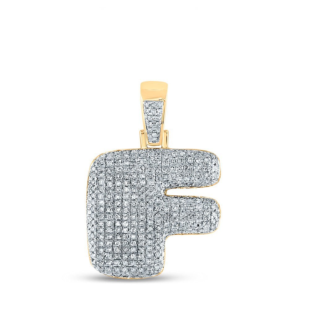 10kt Yellow Gold Men's Round Diamond Bubble F Letter Charm Pendant - 7/8 Cttw | Splendid Jewellery - Splendid Jewellery