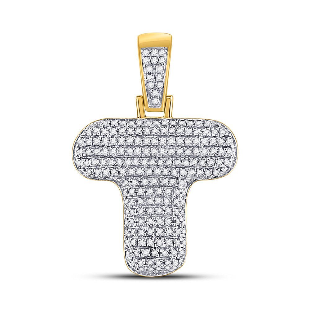 10kt Yellow Gold Men's Round Diamond Bubble T Letter Charm Pendant - Captivating Brilliance - Splendid Jewellery