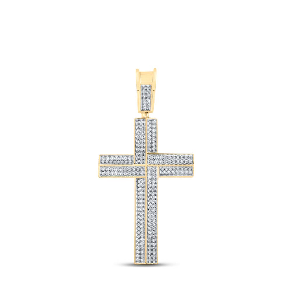 10kt Yellow Gold Men's Round Diamond Cross Charm Pendant - A Dazzling Statement of Faith and Style - Splendid Jewellery