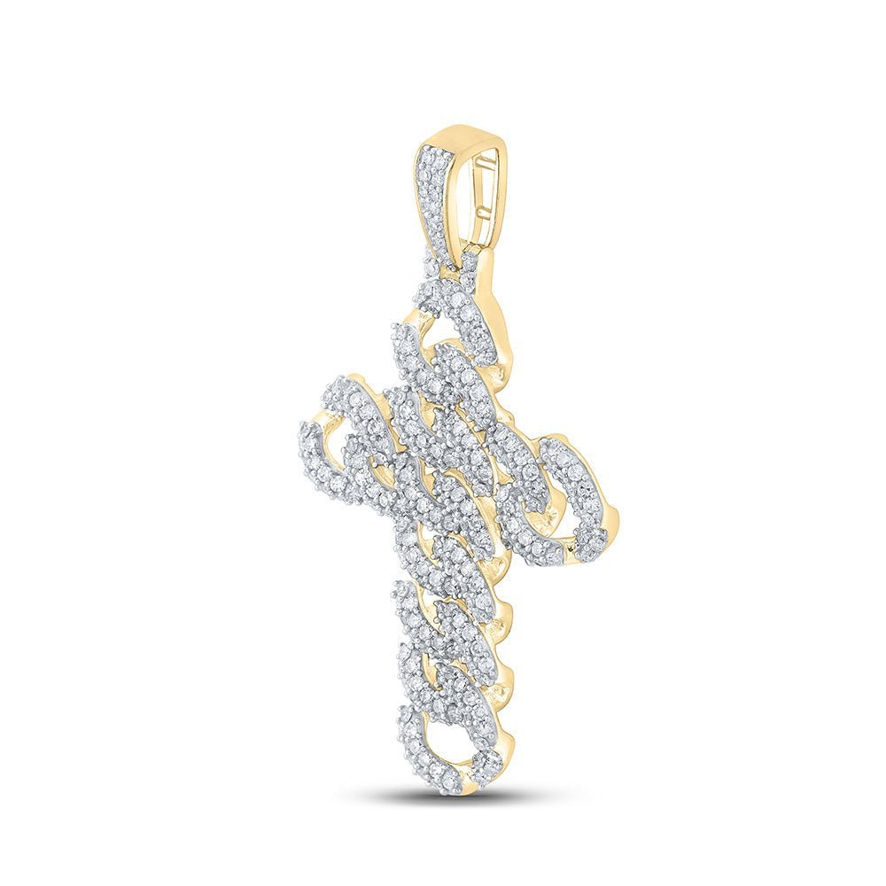 10kt Yellow Gold Men's Round Diamond Cuban Link Cross Charm Pendant - 1 - 7/8 Cttw | Splendid Jewellery - Splendid Jewellery