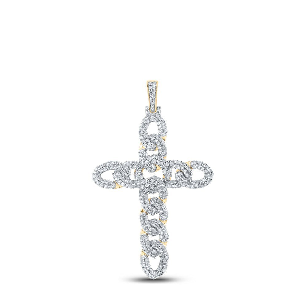 10kt Yellow Gold Men's Round Diamond Cuban Link Cross Charm Pendant - 3 Cttw - Splendid Jewellery