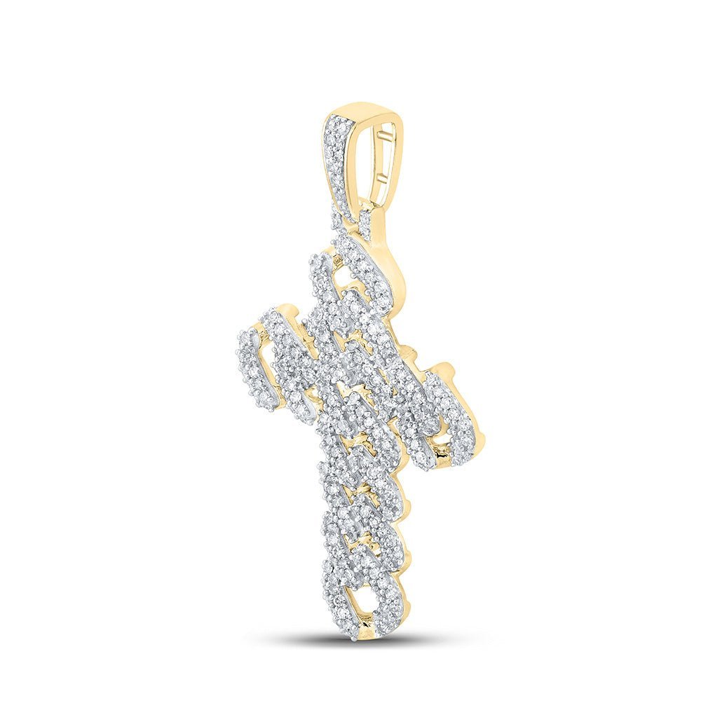 10kt Yellow Gold Men's Round Diamond Cuban Link Cross Charm Pendant - Captivating Diamond Delight - Splendid Jewellery
